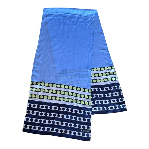 Vintage Echo Silk Scarf Light Blue, Lime Green, Navy Blue & White Rectangular - Picture 3 of 8